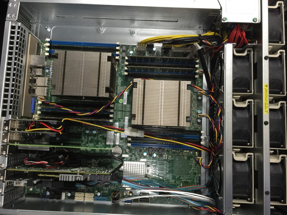 Aside from the drives mentioned earlier, the server contains two Xeon processors and 32GB of DDR4 RAM. The RAID card is a high-cache variant of the LSI 9361-8i, using SAS3 with a CacheVault backup battery.