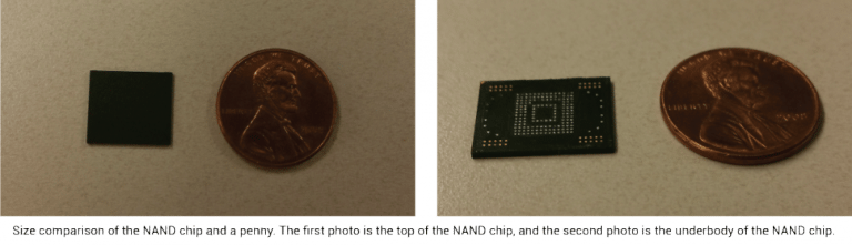 Size comparison of the NAND chip and a penny. The first photo is the top of the NAND chip, and the second photo is the underbody of the NAND chip.