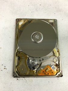 The camcorder’s Toshiba MK8034GAL hard drive after being removed from the camcorder and with its faceplate removed.