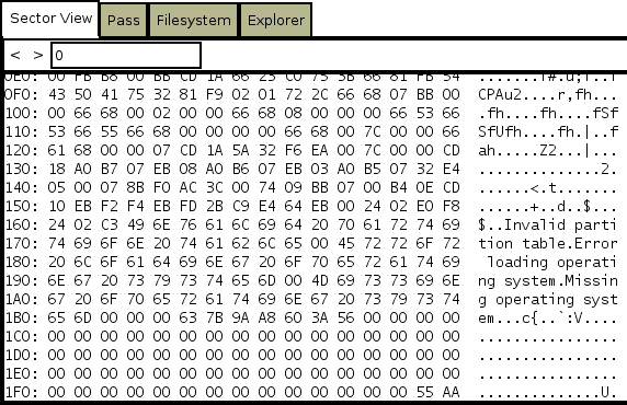 Screenshot of hard drive sector view