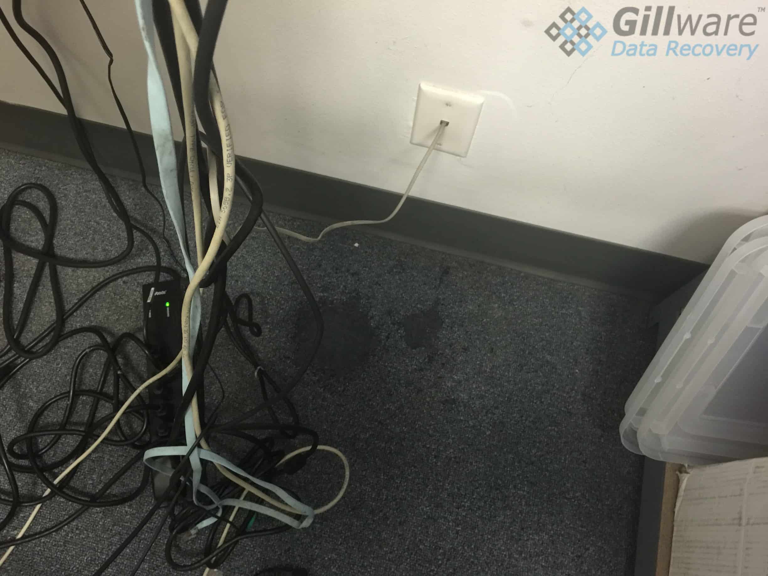 The carpet beneath where the server box had been shortly after the incident