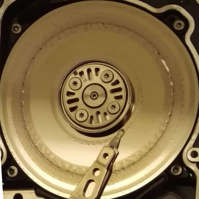 Close up picture of rotational scoring on hard drive platter