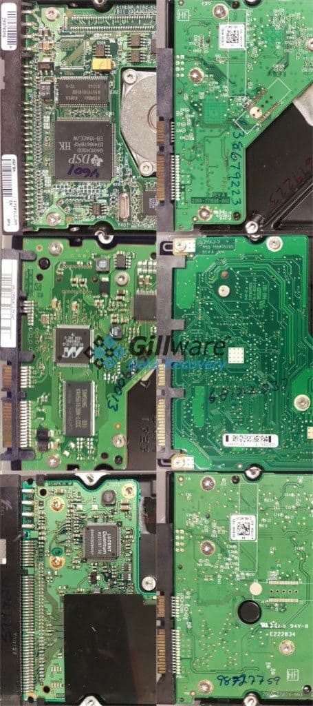 Multiple hard drives showing their printed circuit boards