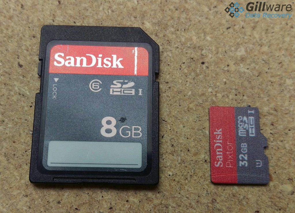 An SD card compared to a microSD card. Most modern SD cards are actually constructed just like microSD cards with monolithic chips, and the majority of the card itself is empty space designed to fit the proper form factor.