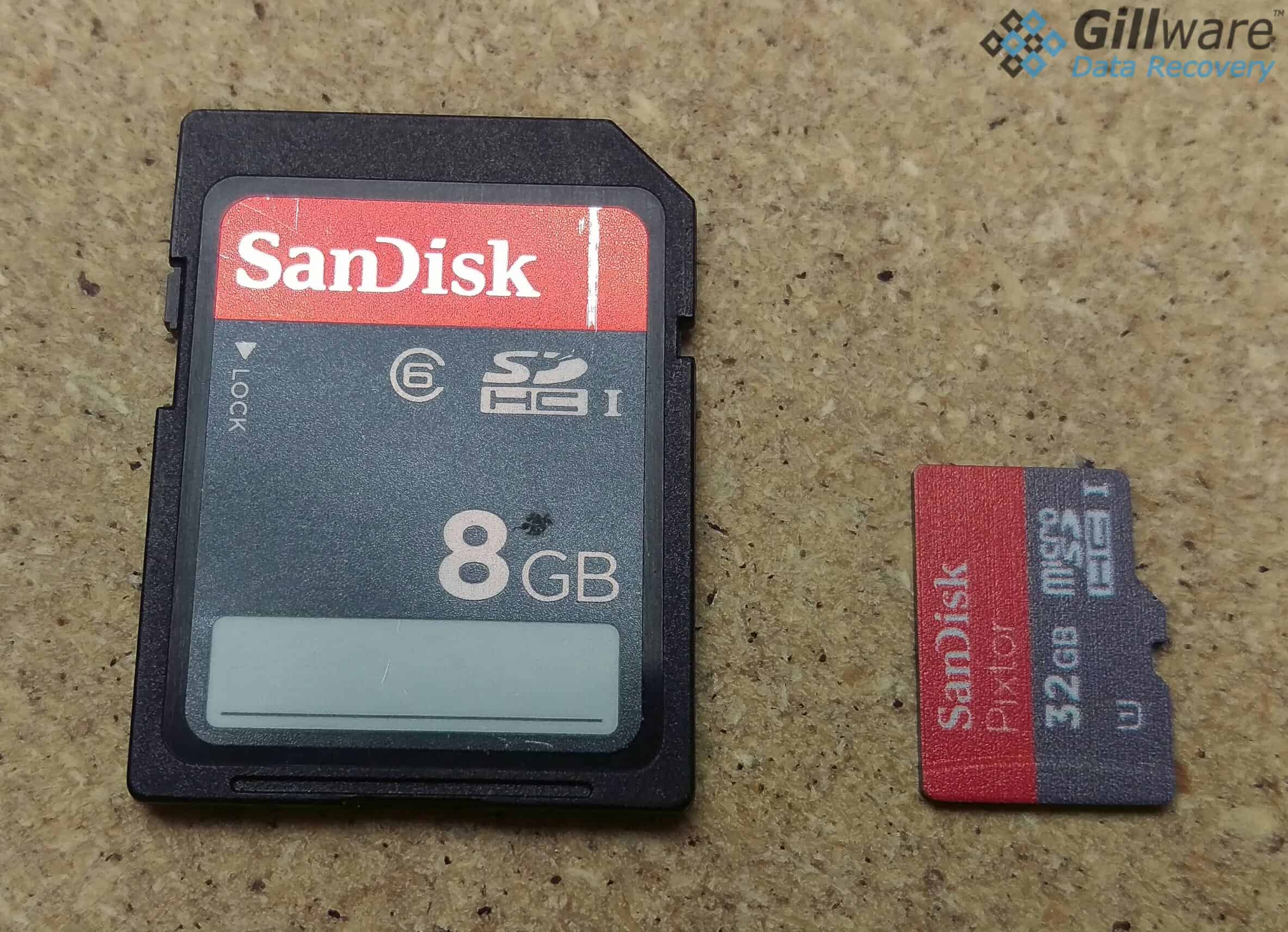 An SD card compared to a microSD card. Most modern SD cards are actually constructed just like microSD cards with monolithic chips, and the majority of the card itself is empty space designed to fit the proper form factor.