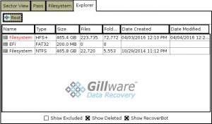 An accidental reformat created the HFS+ partition shown in red.