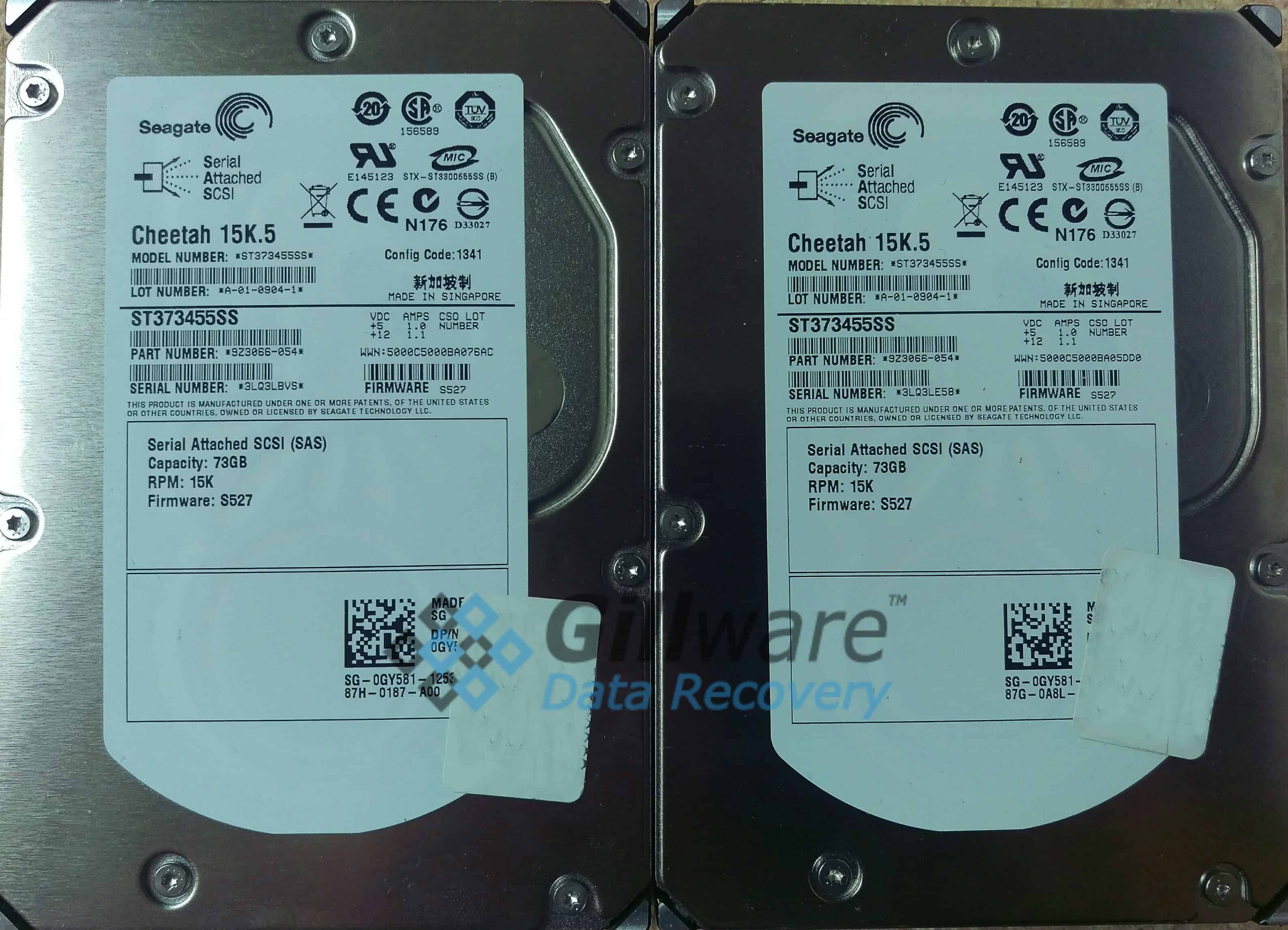 The two Seagate Cheetah 15K.5 Enterprise-class hard drives from this RAID-0 data recovery case.