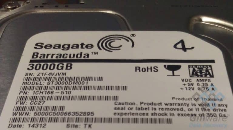 One of the four Seagate Barracuda hard drives pulled from the DiskStation DS411 unit for data recovery