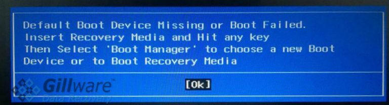 Default Boot Device Missing or Boot Failed. Insert recovery media and hit any key, then select Boot Manager to choose a new boot device to boot or recovery media.