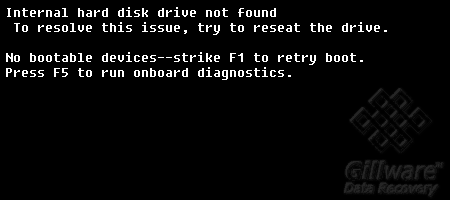 Internal hard disk drive not found. To resolve this issue, try to reseat the drive. No bootable devices--strike F1 to retry boot. Press F5 to run onboard diagnostics.
