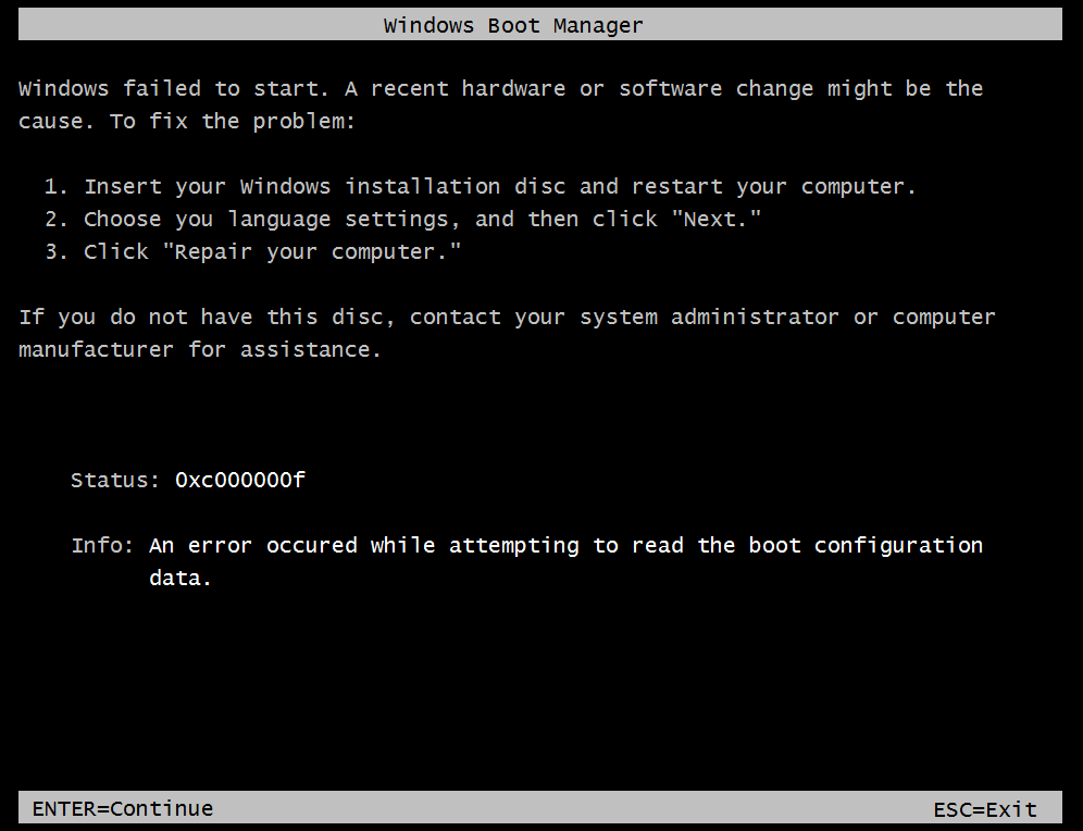 File: \Boot\BCD Status: 0xc000000f Info: An error occurred while attempting to read the boot configuration data