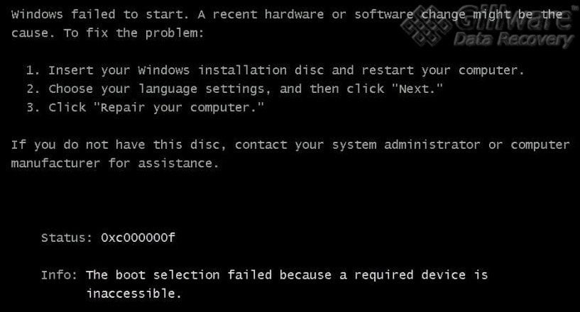 The client in this HP data recovery case received this Windows boot error message: “The boot selection failed because a required device is inaccessible.”