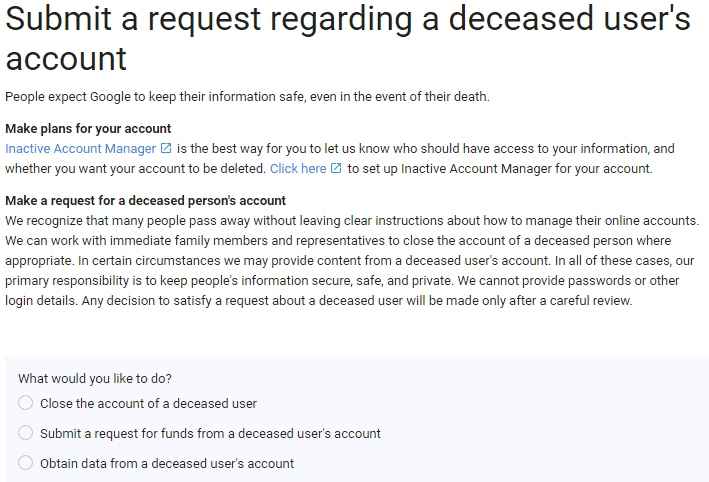 Requesting access to a deceased person’s Google account