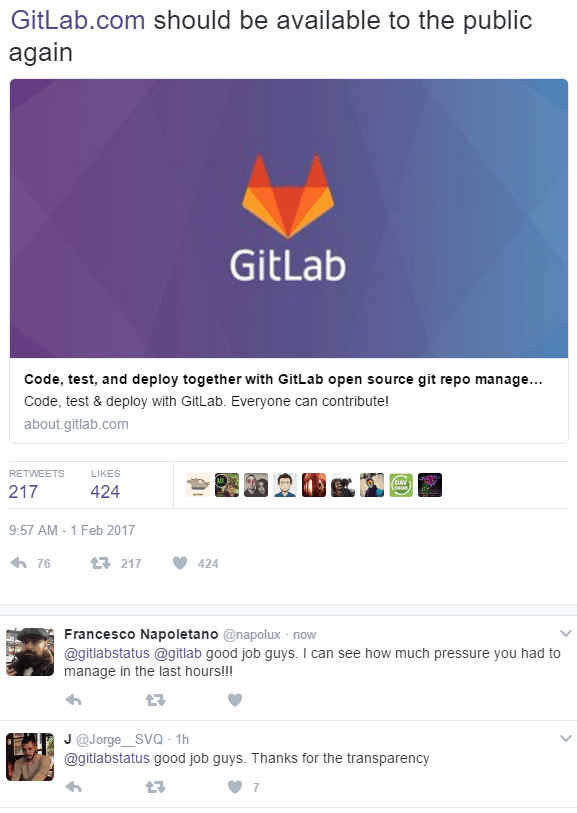GitLab announces on Twitter that it is back online.
