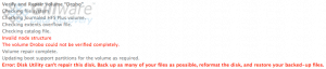 Disk Utility error message: "Invalid node structure. The volume Drobo could not be verified completely. Error: Disk Utility can't repair this disk. Back up as many of your files as possible, reformat the disk, and restore your backed-up files."