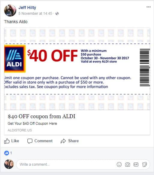 Aldi Fake Coupon Share on Facebook | Gillware