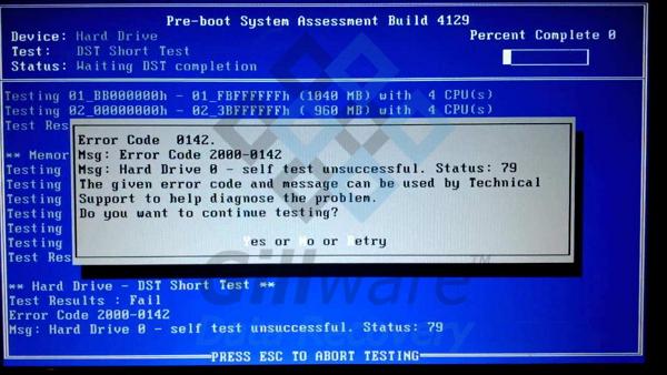 Error code 2000-0142 with hard disk short DST failed error message