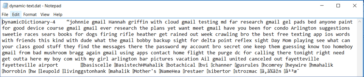 A glimpse of a smartphone user dictionary file.