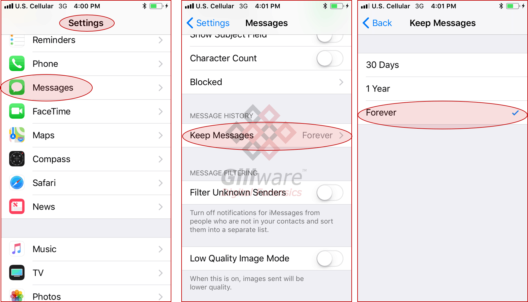 Instructions on how to find message retention settings on an iOS device
