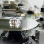 A hard disk platter in Gillware's burnishing machine