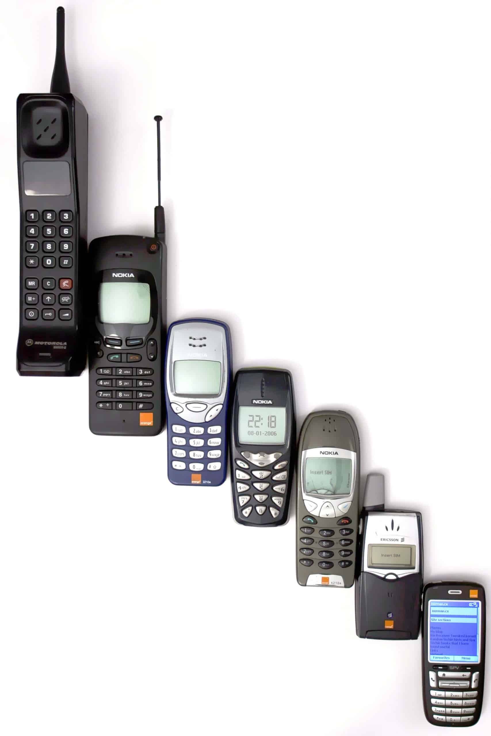 A photo of multiple mobile phones to represent the technological progression