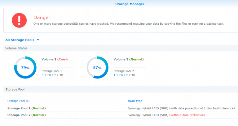 A crashed Synology storage pool