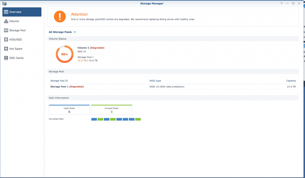 Synology storage pool diagnostic window