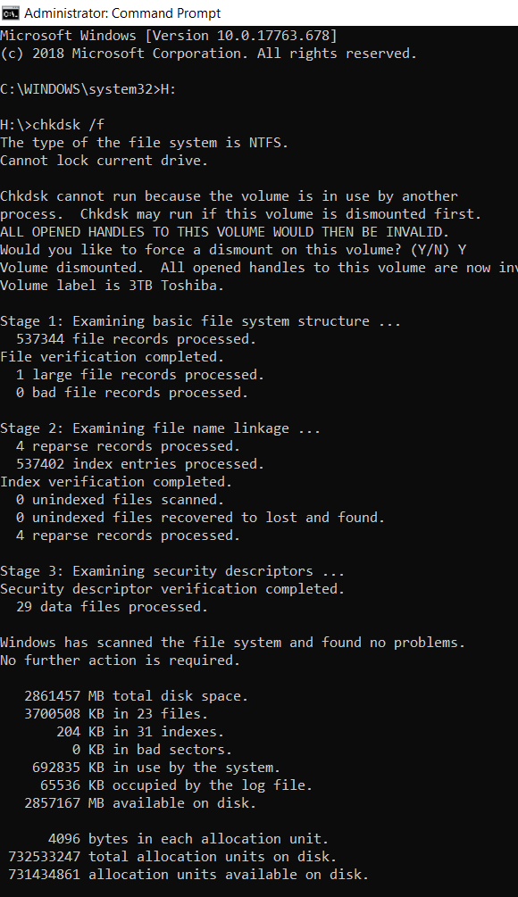 Example of chkdsk