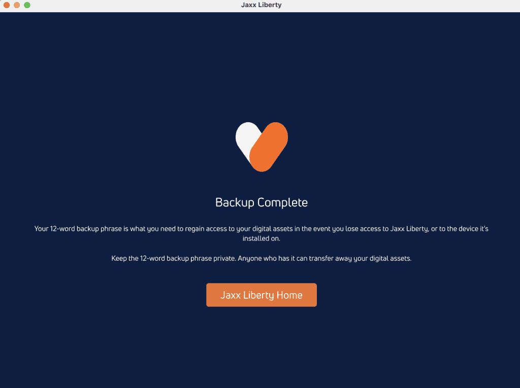 Completed Jaxx wallet installation