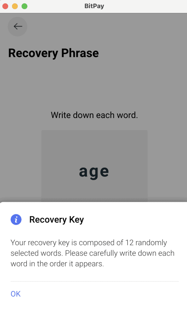 Write down each word of the recovery phrase.