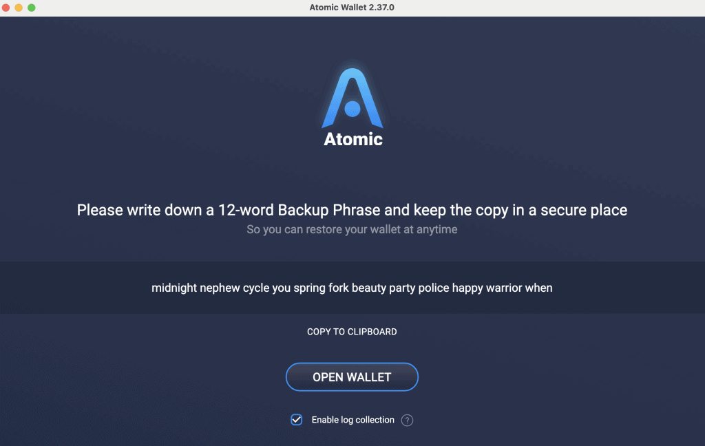 Save the recovery phrase for your Atomic wallet.