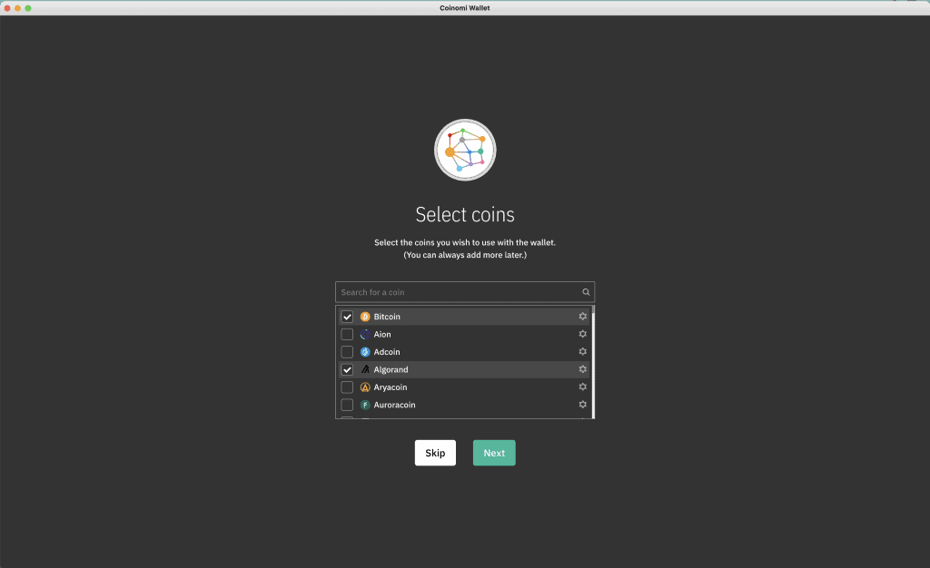 Select coins for Coinomi wallet.