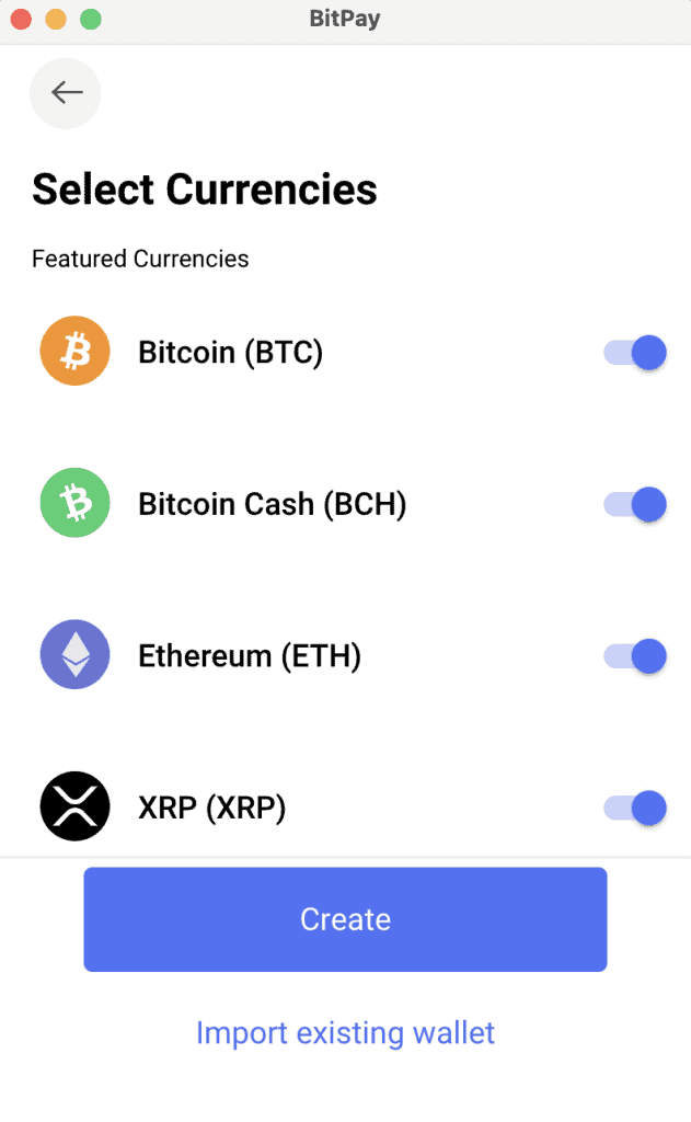 BitPay select currencies