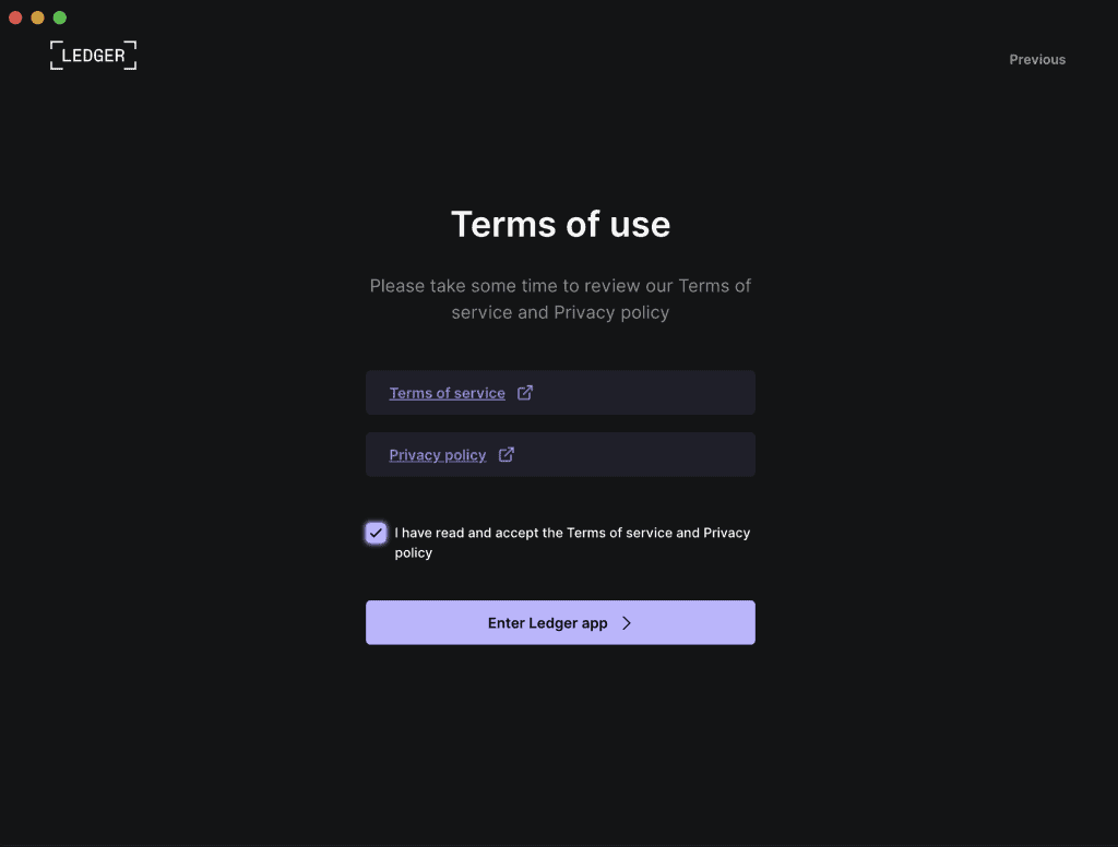 Accept the Ledger terms of service and privacy policy