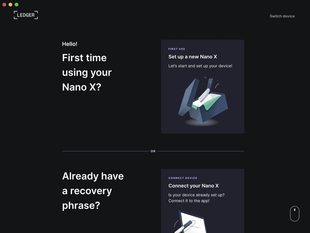 Set up a new Ledger device or recover an existing wallet