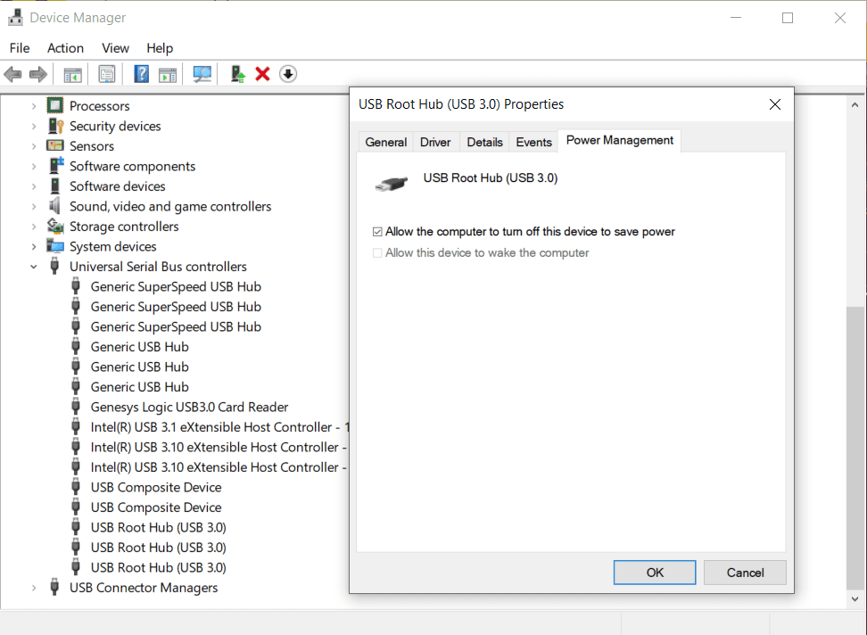Adjusting USB root hub properties Windows 10 device manager