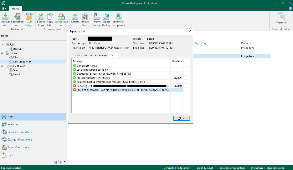 Veeam Backup and Replication UI showing 'Failed to decompress LZ4 block: Bad crc' error during a disk export operation