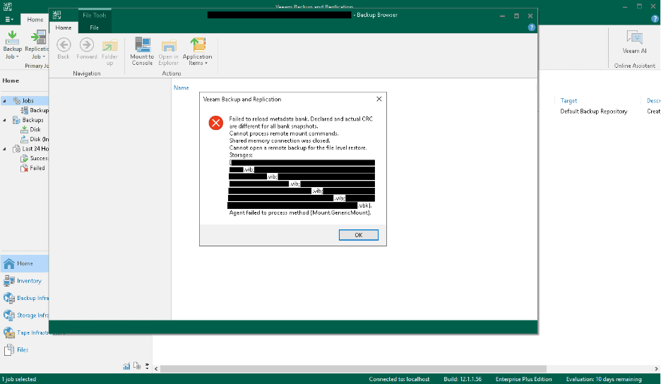 Veeam Backup and Replication error dialog showing 'Failed to reload metadata bank. Declared and actual CRC are different for all bank snapshots.'