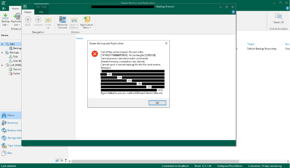 Veeam Backup and Replication error dialog showing 'Out of the vector bound' error with record index and vector length values
