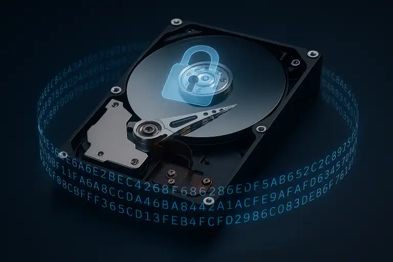 Hard disk drive with translucent cover revealing platters and encryption key data flowing around it for BitLocker data recovery
