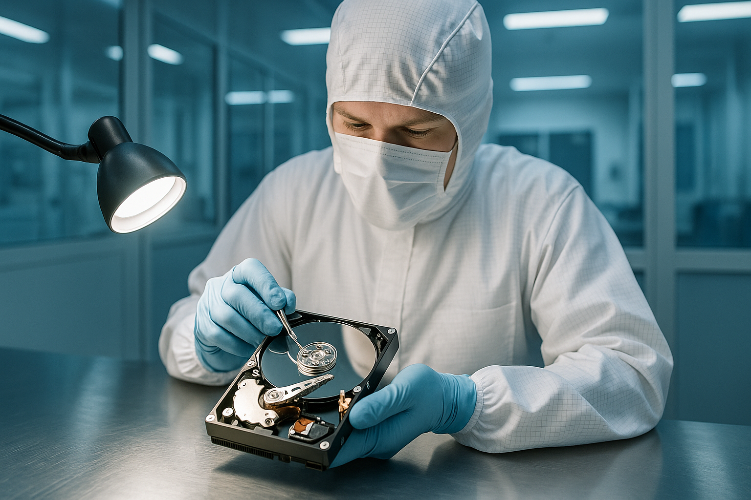 Data recovery engineer in ISO 5 cleanroom examining a hard drive under bright lighting