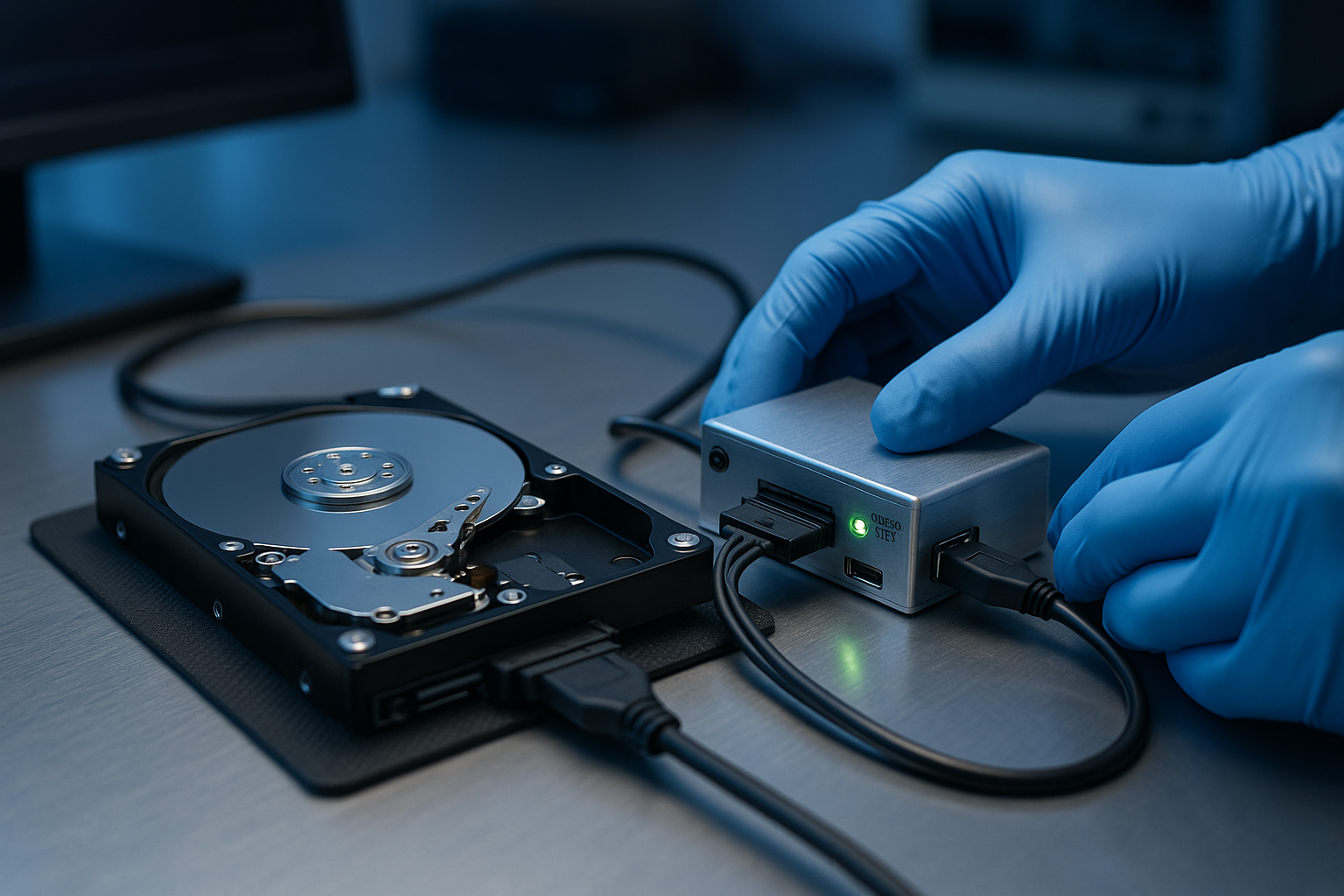 Close-up of hard drive being connected to a hardware write-blocker for forensic imaging