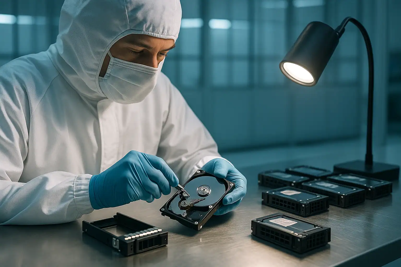 Engineer working on Dell PowerEdge server hard drive in cleanroom for data recovery