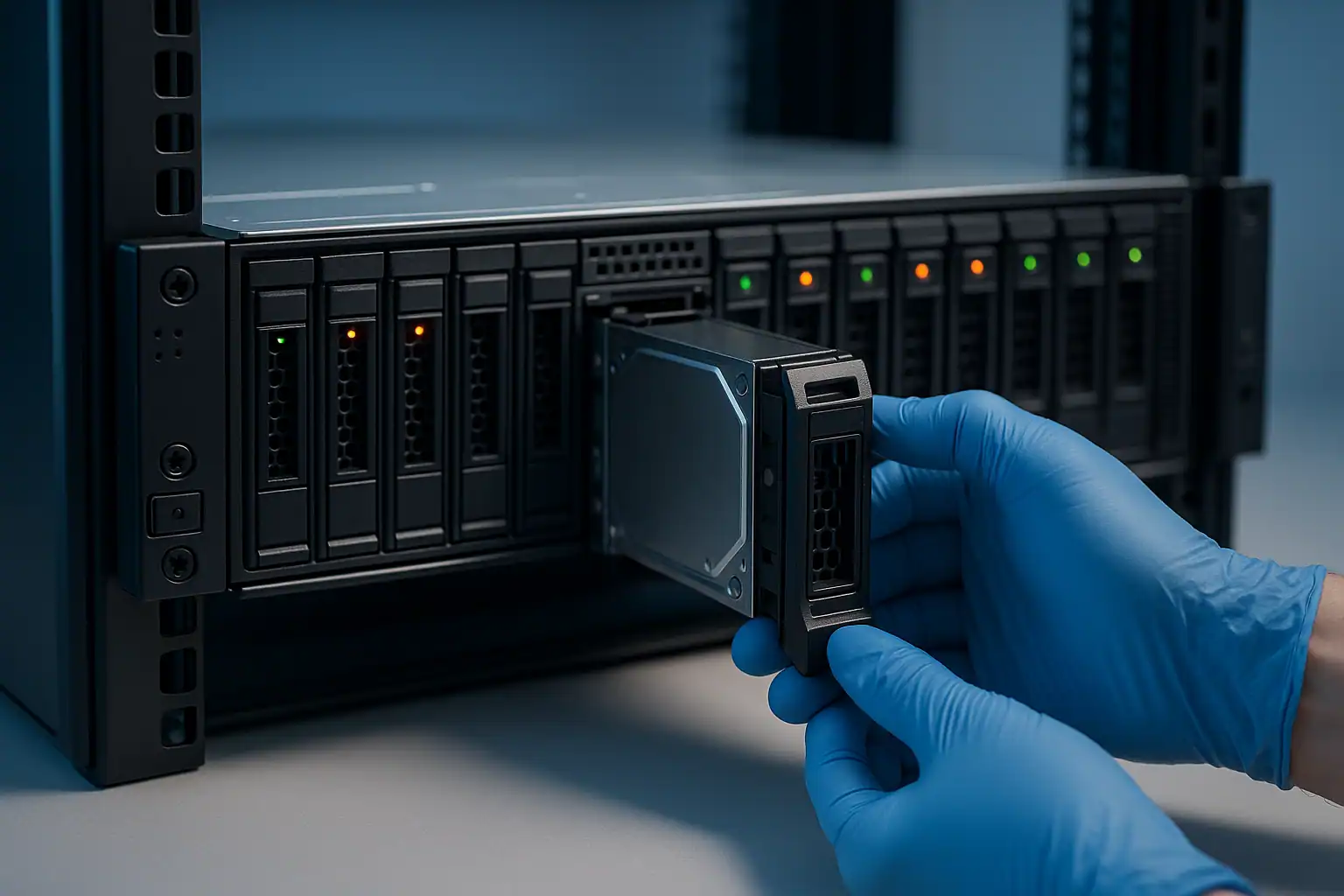 Dell PowerEdge rack server with hard drive caddies being inspected for RAID failure