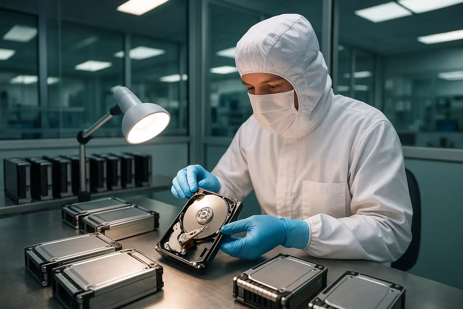 Engineer in cleanroom suit examining enterprise server hard drives