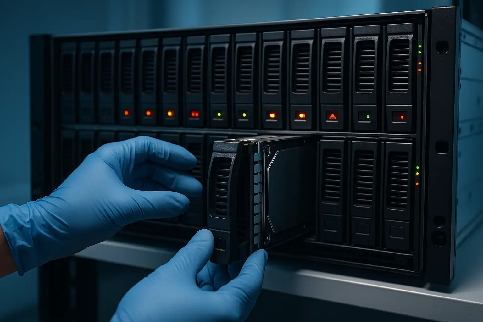 Server rack with hard drives being removed for RAID data recovery analysis