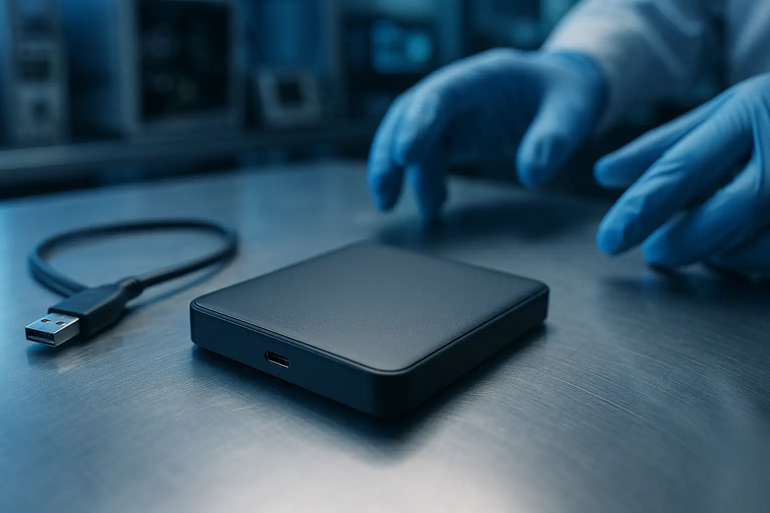 WD My Passport external hard drive being inspected for data recovery