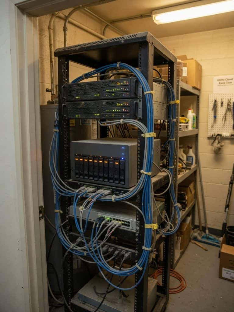 Aging small-business server and NAS rack kept running during the AI-driven storage shortage