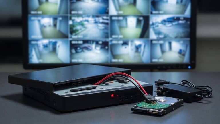 A small network video recorder opened on a desk with its hard drive and power adapter beside it, a no-disk warning on screen, and blurred camera feeds behind