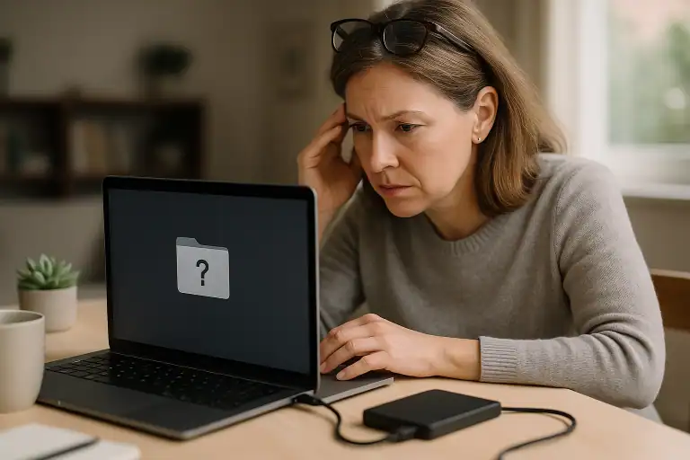Mac user examining MacBook showing folder with question mark Mac boot failure APFS error
